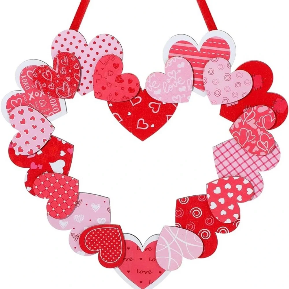 Heart Red and Pink Wood Valentines Day Holiday Wreath